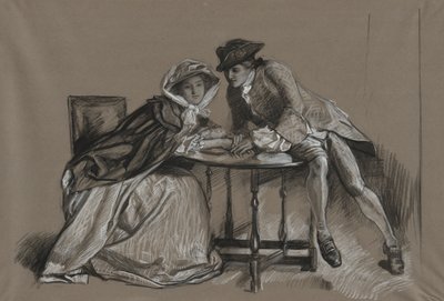 Studie. Dame en heer in gesprek aan een tafel door Edwin Austin Abbey