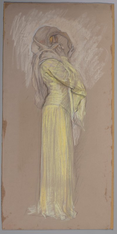 Studie, vrouw in gele jurk met bruine sluier over gezicht door Edwin Austin Abbey