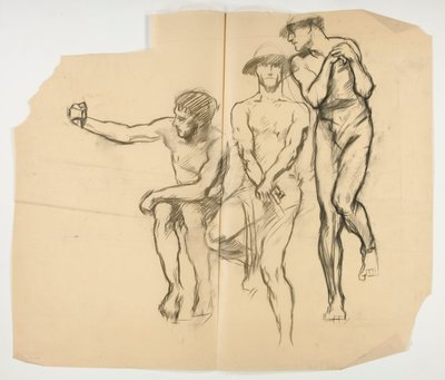 Studie voor smederij van Vulcan; Drie mijnwerkers-staalwerkers door Edwin Austin Abbey