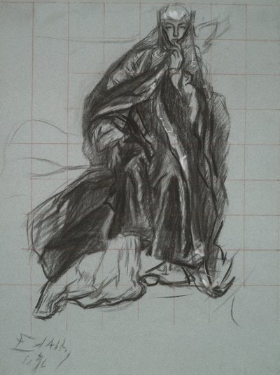 Studie voor de koningin, uit De toneelscène, Hamlet, act 3, scène 2 door Edwin Austin Abbey