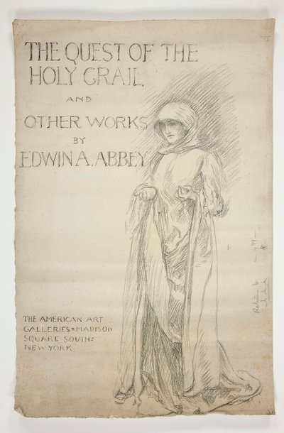Studie voor de openingsaankondiging(?) van De zoektocht naar de Heilige Graal schilderijen: De zoektocht naar de Heilige Graal en andere werken van Edwin A. Abbey. Tekening voor de eerste omslag van de Abbey-catalogus. door Edwin Austin Abbey