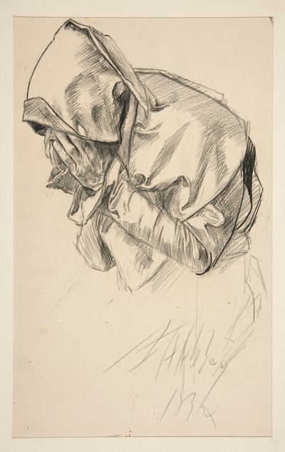 Studie van een geklede figuur, huilend, voor De zoektocht naar de Heilige Graal muurschildering serie in de Boston Public Library door Edwin Austin Abbey