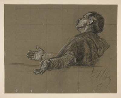 Studie van een geklede figuur, voor de muurschilderingserie De zoektocht naar de Heilige Graal in de Boston Public Library door Edwin Austin Abbey