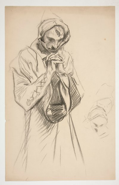 Studie van een geklede figuur, biddend, voor de muurschilderingserie De Zoektocht naar de Heilige Graal in de Boston Public Library door Edwin Austin Abbey