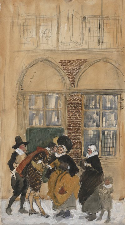 Studie van figuurscène in zeventiende-eeuwse Nederlandse kostuum, mogelijk Nieuw Amsterdam door Edwin Austin Abbey