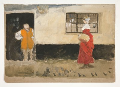Studie van straatscène, man bij deur, vrouw in rode jurk door Edwin Austin Abbey