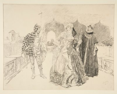 De Clown en Malvolio, illustratie voor Act I, Scene v, Twelfth Night door Edwin Austin Abbey