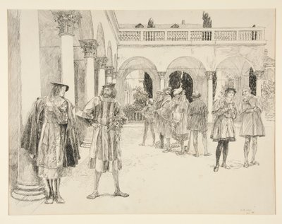 Het hof van het paleis, uit Act IV, Scene ii, Twee edellieden van Verona door Edwin Austin Abbey