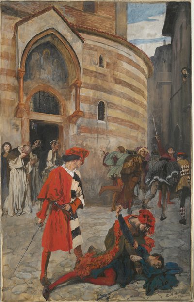 De dood van Mercutio - Act III, Scene I, Romeo en Julia door Edwin Austin Abbey