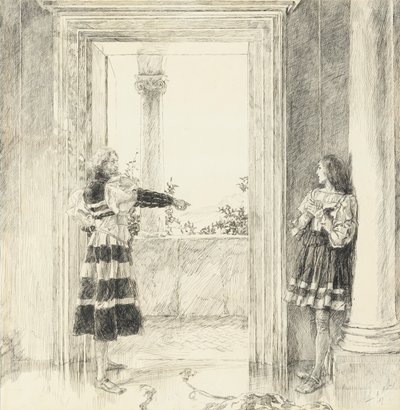 De hertog verdrijft Valentine, uit Act III, Scene i, Twee edellieden van Verona door Edwin Austin Abbey