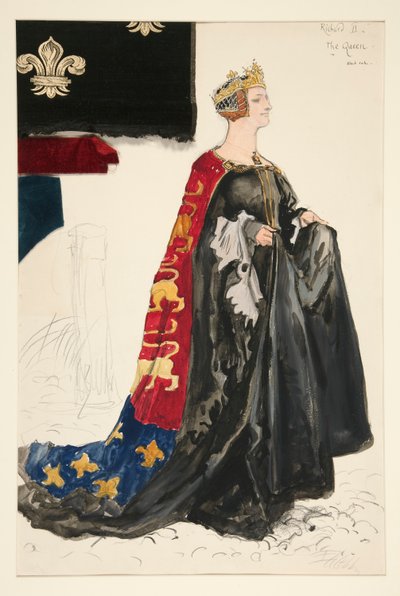 De Koningin (in zwart), kostuumschets voor Henry Irving door Edwin Austin Abbey