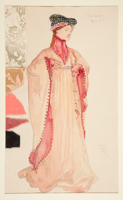 De Koningin (in roze), kostuumschets voor Henry Irving door Edwin Austin Abbey
