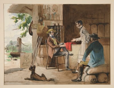 Drie mannen in een stoffenwinkel - dorpswinkel, Dolbyville door Edwin Austin Abbey