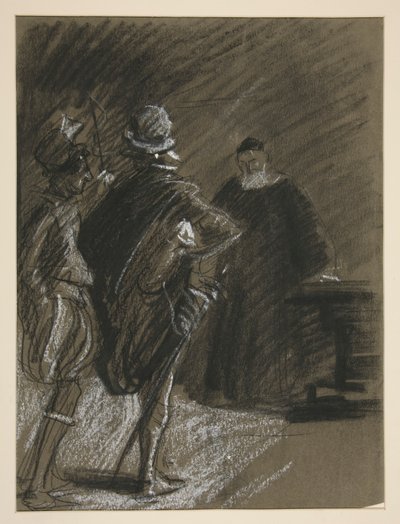Drie mannen, studie voor Taming of the Shrew (?) door Edwin Austin Abbey