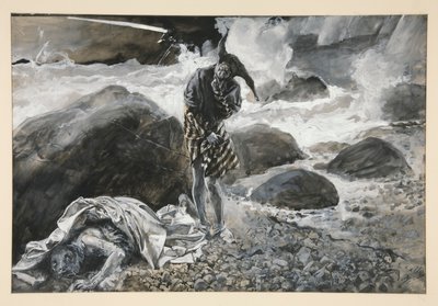 Trinculo en Caliban, illustratie voor Act II, Scene ii, The Tempest door Edwin Austin Abbey