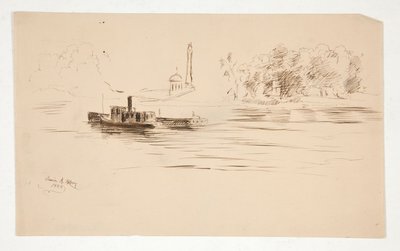 Sleepboot die een Schuit op de Rivier Duwt door Edwin Austin Abbey