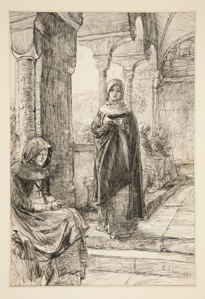 Twee vrouwelijke figuren in klooster, uit Het Klooster door Edwin Austin Abbey