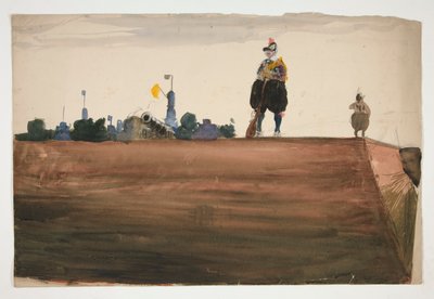 Twee schildwachten bovenop een vestingmuur door Edwin Austin Abbey