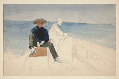 Onafgemaakte tekening van twee mannen die zeilen door Edwin Austin Abbey
