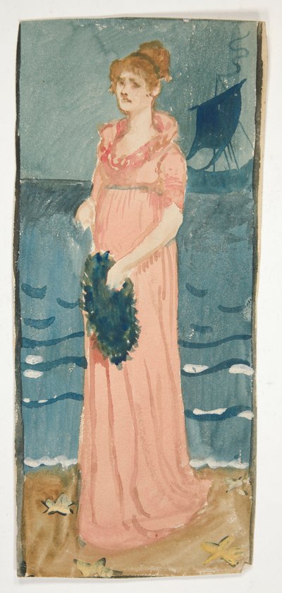 Ongeïdentificeerde illustratie van een vrouw op een strand, schip in de verte door Edwin Austin Abbey