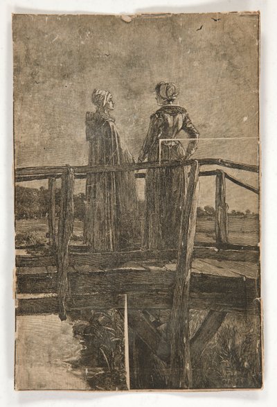 Houtsnede zonder titel door E.A. Abbey (?) van twee dames op een houten voetbrug - illustratie voor William Black door Edwin Austin Abbey