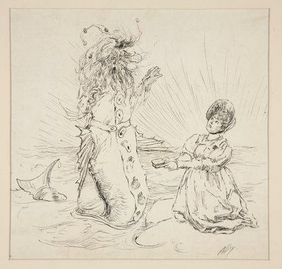 Vrouw en slang op het strand, schets voor The Lay of the Lobster door Edwin Austin Abbey