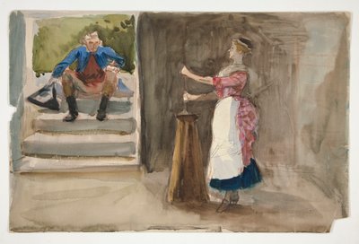 Vrouw die boter karnen, man in revolutionaire kleding kijkt toe - (onbekende illustratie) door Edwin Austin Abbey
