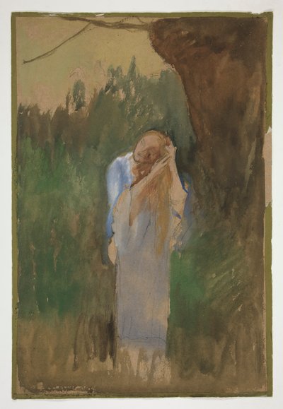 Vrouw in landschap, kamt haar lange, blonde haar - (onbekende illustratie) door Edwin Austin Abbey