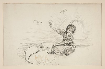 Vrouw op strand met boek, schets voor The Lay of the Lobster door Edwin Austin Abbey