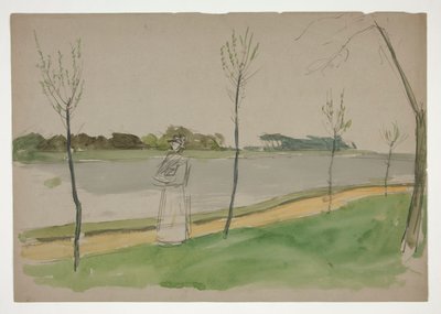 Vrouw wandelend langs een rivier door Edwin Austin Abbey