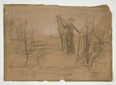 Vrouw met paard in landschap - niet-geïdentificeerde illustratie door Edwin Austin Abbey