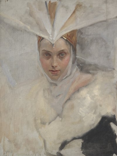 Vrouw met Visarend Hoofdband en Witte Bontkraag door Edwin Austin Abbey