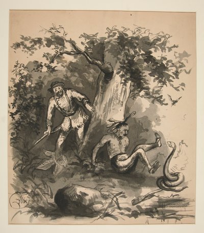 Boslandschap van een jager, een Indiaan en een slang - niet geïdentificeerde illustratie door Edwin Austin Abbey
