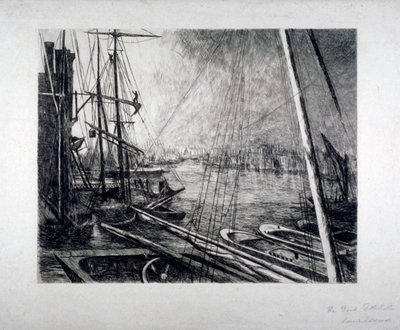 Pool van Londen vanuit Rotherhithe, met schepen op de voorgrond, ca. 1890 door Edwin Edwards