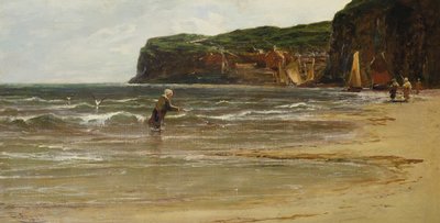Kustzicht met vrouw die garnalen vangt, ca.1900 door Edwin Ellis