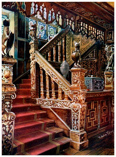 Gesneden eikenhouten trap, Godinton, 1910 door Edwin Foley