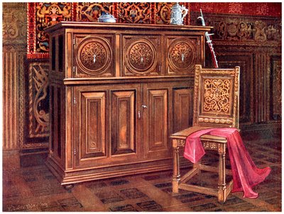 Eiken kabinet en walnoten stoel, 1910 door Edwin Foley