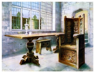 Eikenhouten schraagtafel en Mijn Gastheer-stoel, 1910 door Edwin Foley