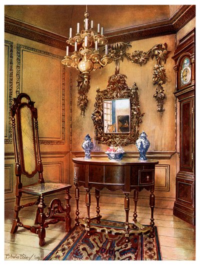 Betimmering, spiegelomlijsting, notenhouten tafel en stoel, Charles Wesleys notenhouten hoge kastklok, 1910 door Edwin Foley