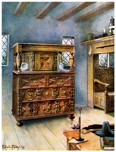 De Putnam kast van Engels eiken en ceder, en gebeeldhouwde bank van Amerikaans eiken, 1910 door Edwin Foley