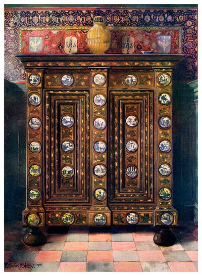 Walnoot kas ingelegd en met geschilderde medaillons van Delfts aardewerk, 1910 door Edwin Foley