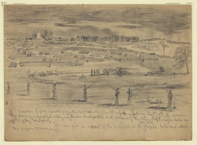 Executie van vijf deserteurs van de 118e Pennsylvania Vrijwilligers, 1e Divisie, 5e Korps, voor het gehele 5e Korps, Beverly Ford, Va. door Edwin Forbes