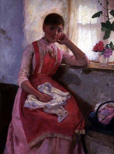 Portret van een meisje in een roze schort door Edwin Harris