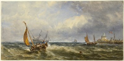 Kustzicht met schepen door Edwin Hayes