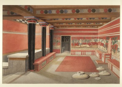 Schilderij van de herbeeldden Troonzaal van het Paleis van Minos in Knossos door Edwin J. Lambert