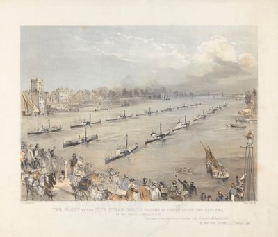 De vloot van de stadsstoomschepen die in recensieorde voorbij Chalsea varen tijdens de jaarlijkse herdenking van Londen door Edwin Jewitt