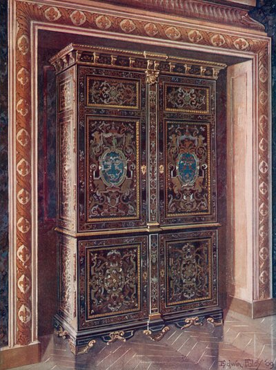 Kast in Ebbenhout met Inlegwerk van Gegraveerd Messing en Wit Metaal. Gejaagde Ormolu Bevestigingen. Het Koninklijke Monogram van L