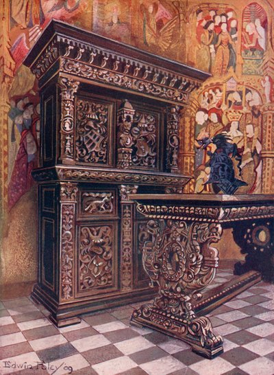 Gesneden eikenhouten kast, met het cijfer van Lambert Suavius van Luik. Gesneden eikenhouten tafel door Edwin John Foley