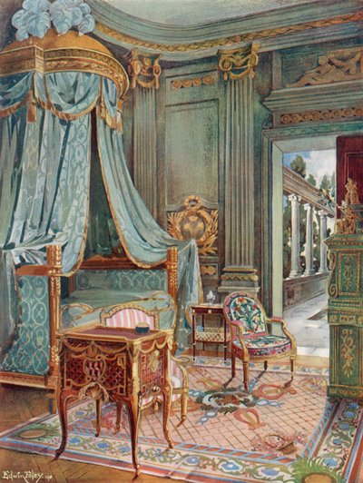 Gesneden en vergulde gedrapeerde koepelbed. Bureau-Toilette (of Petit Secretaire) in marqueterie. Cartonnier in groene lak door Edwin John Foley