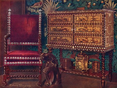 Groep van Laat-Zestiende-Eeuwse Continentale Meubels: Portugese Kast van Kastanjehout, Ingelegd met Ivoor, Ebbenhout en Gekleurd Hout, Spiraal Gedraaide Armstoel door Edwin John Foley